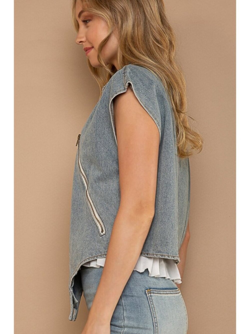 NWT | POL Denim Sleeveless Cap Sleeve Zip Up Vest Top Shirt Various Sizes - Picture 4 of 5